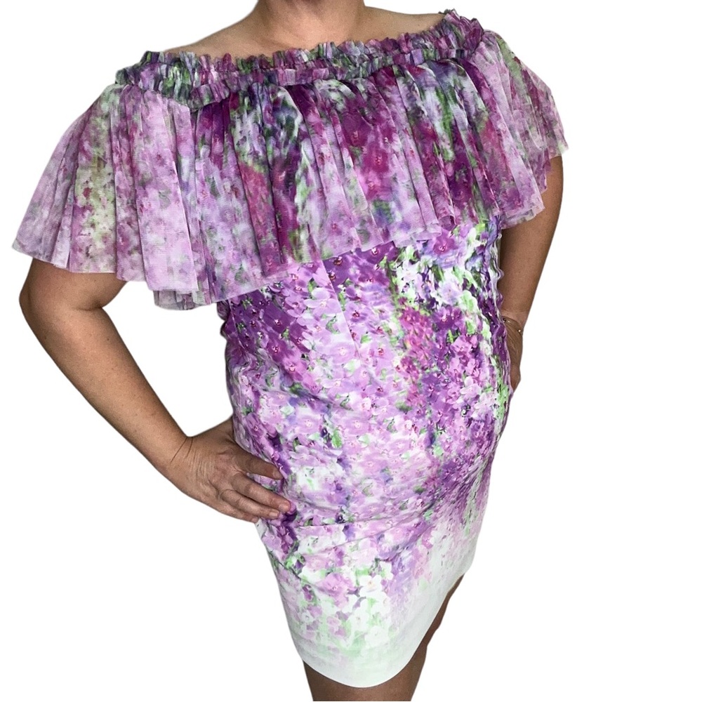 Badgley Mischka Purple Floral Off-Shoulder Mini Dress